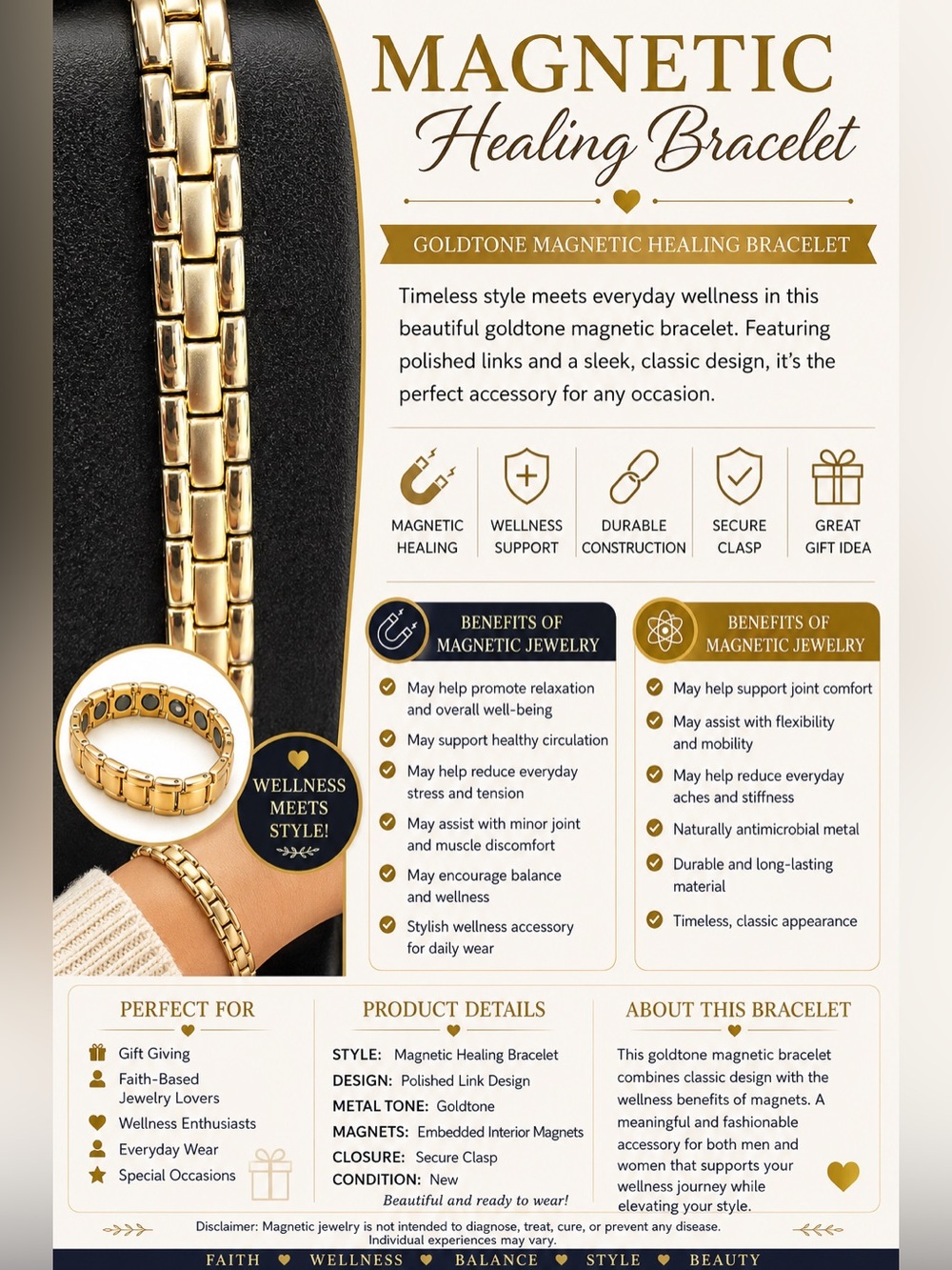Goldtone Magnetic Healing Bracelet - Polished Link Design